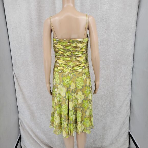 Chetta B Silk Midi Dress Y2K Floral Wasabi Green Ruched Pleat Bodice Fairycore - Picture 6 of 14
